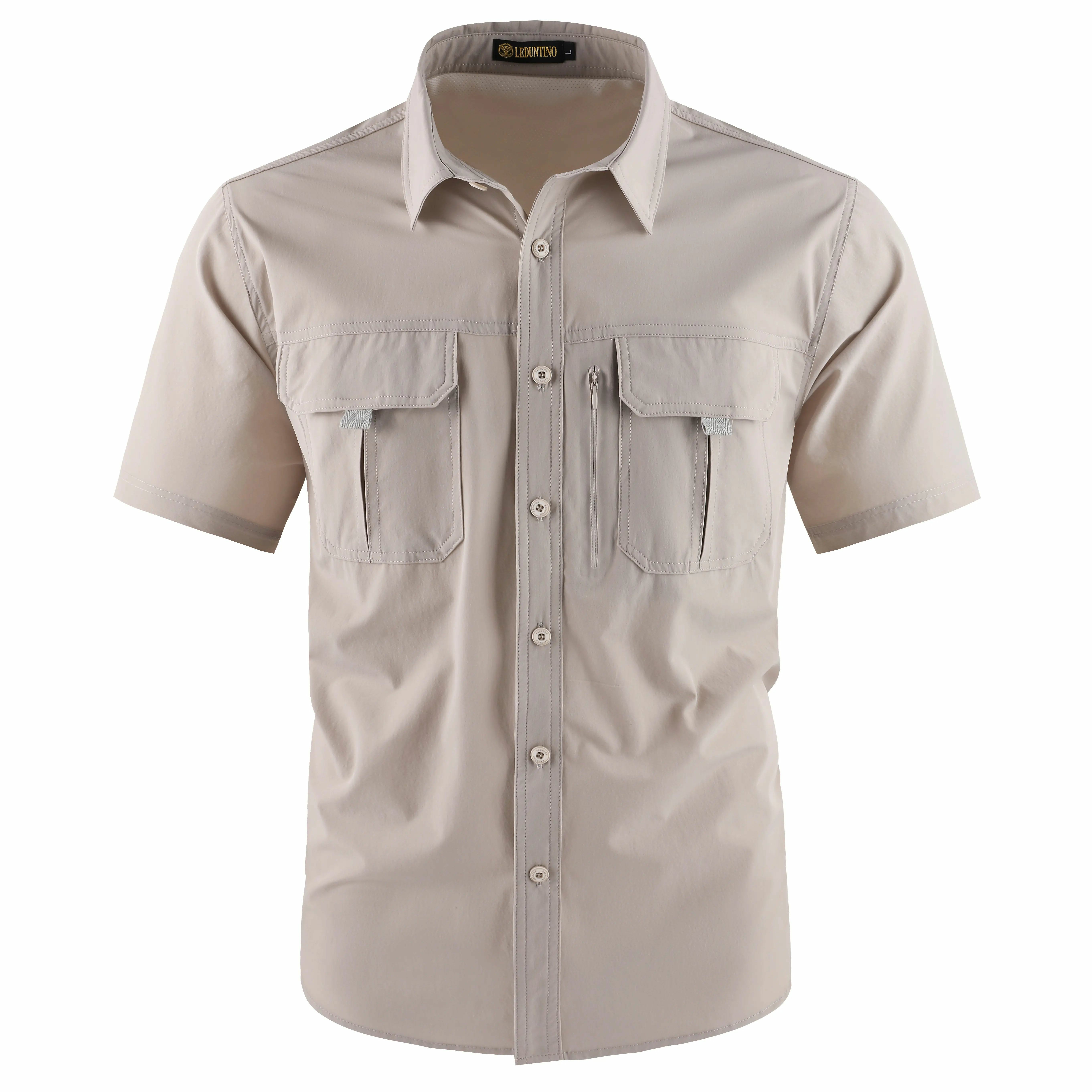 Men's American-Style Solid Color Shirt with Hidden Ventilation Holes Casual Summer Beach Nylon Shirt High-Quality Fabric Short Sleeves Button Closures