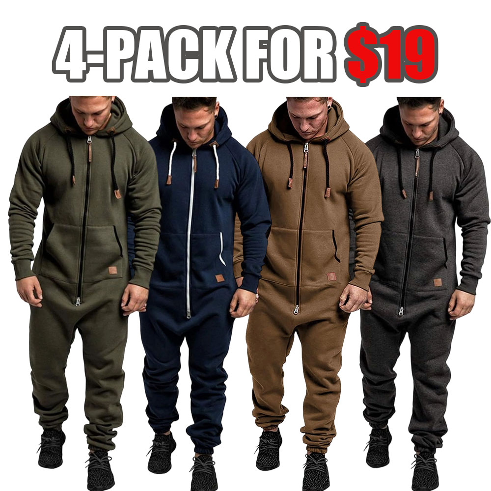 Mens Fleece Lined Hooded Jumpsuit Full Zip Up One Piece Pajamas Onesie Overalls Rompers Playsuit Jogging Sweatsuits