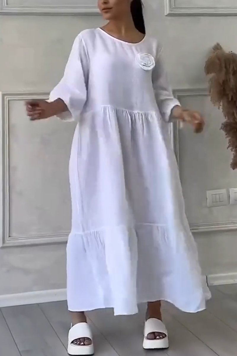 Women's Casual Cotton and Linen Gathered Floral Dress