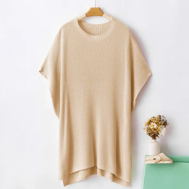Women’s Oversized Knit Top – Casual Crew Neck Short Sleeve Sweater with Side Slit