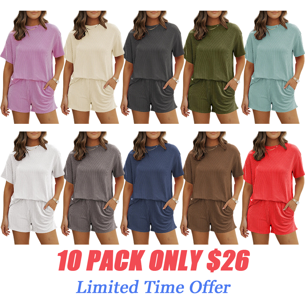 Women's Solid Twisted Ribbed Knit Textured Pocket Shorts Set, Casual Short Sleeve T-shirt & Elastic Waist Shorts