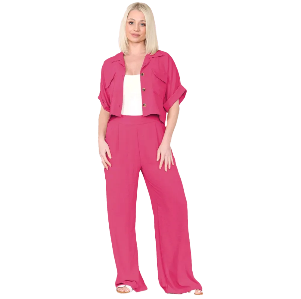 KatchMe Women's Casual Button Front Flap-Pocket Blouse & Wide Leg Trousers Co-ord Set – Crop Short Sleeve Shirt & High Waist Pants Two-Piece Se