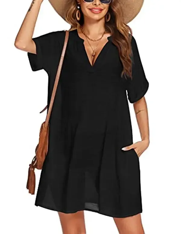 Women’s Tassel Swimsuit Cover Up Dress – V-Neck Short Sleeve Beach Cover Up Shirt