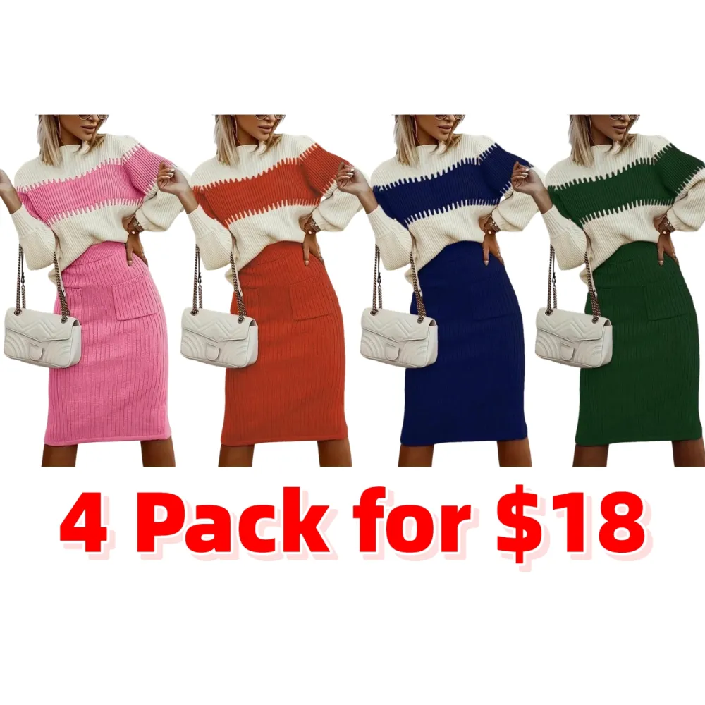 Women's Colorblock Bishop Sleeve Mock Neck Sweater & High Waist Skirt Set