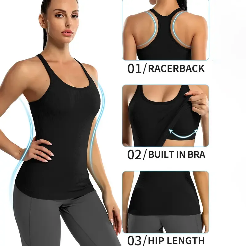 🔥Ribbed Workout Tank Tops for Women with Built in Bra Tight Racerback Scoop Neck Athletic Top