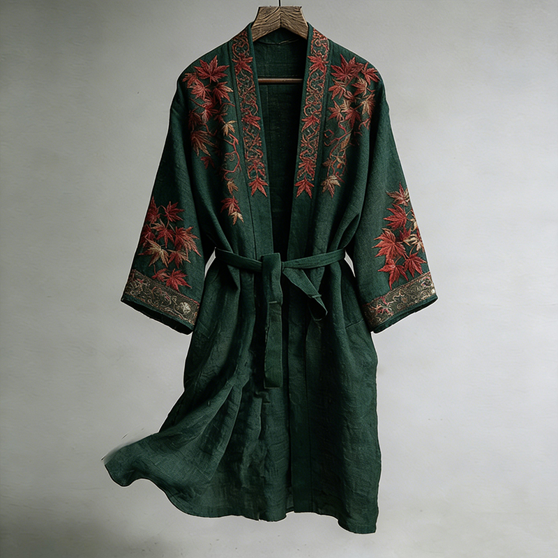 Japanese Maple Leaf Print Linen Blend Kimono