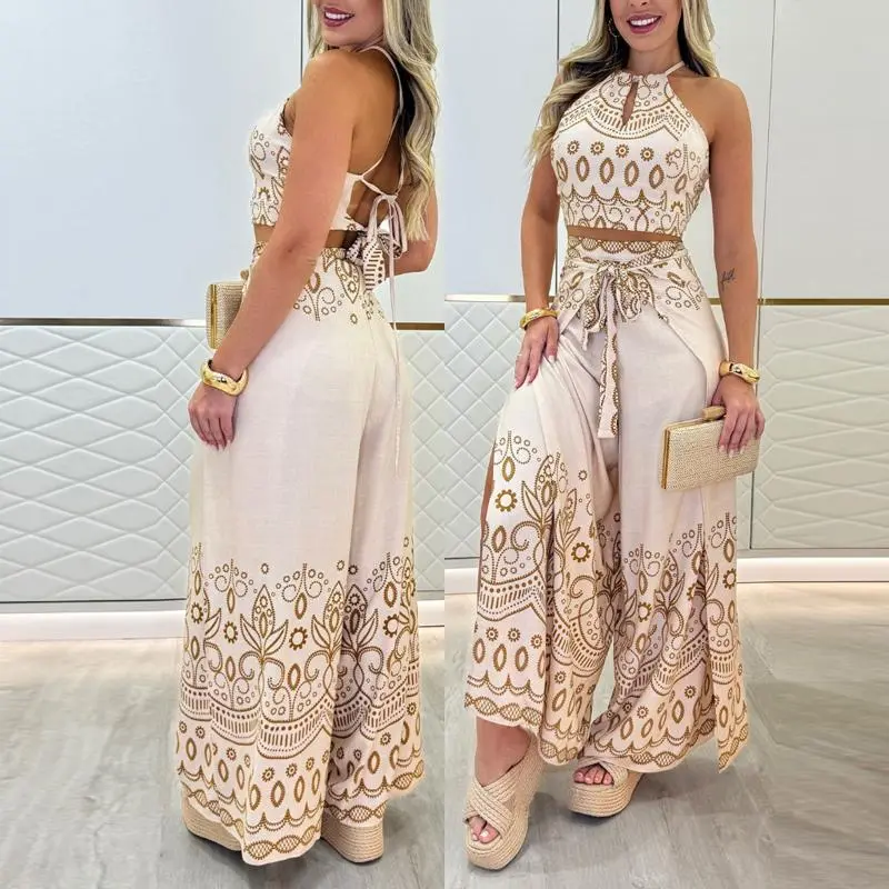 CHICME Women's Tribal Print 2-Piece Set – Sleeveless Keyhole Top & Slit Wide-Leg Pants, Vacation Outfit
