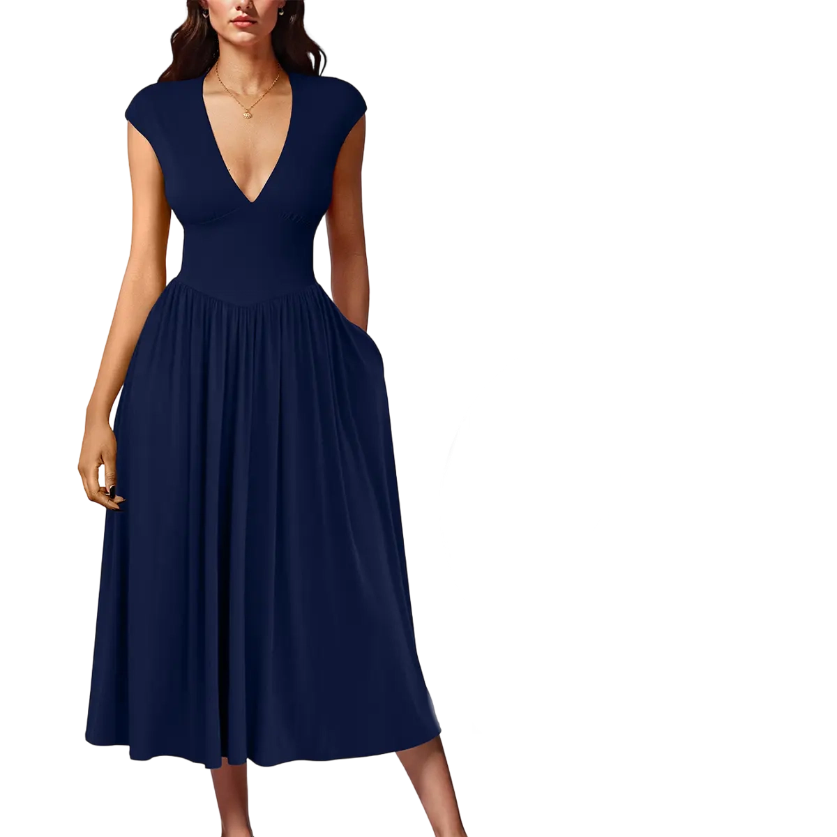 Women's Summer Deep V-Neck Cap Sleeve Pleated A‑Line Midi Dress with Pockets