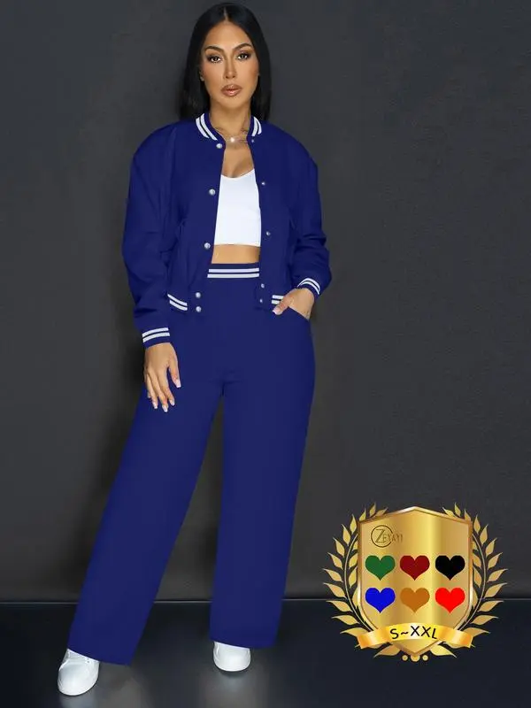 Women’s Solid Color 2-Piece Athletic Set – Baseball Jacket & Pocket Pants