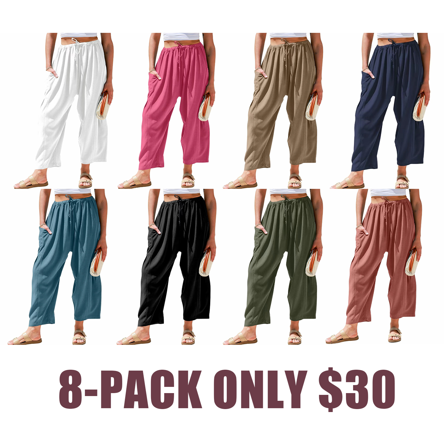 Women's Linen Casual Loose Fit Beach Palazzo Harem Trousers with Pockets