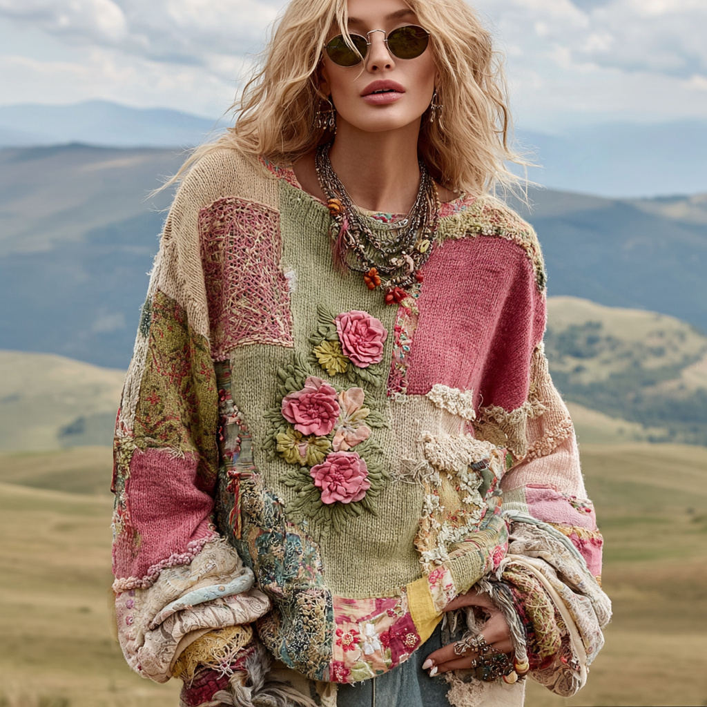 Women's Vintage Floral Embroidery Patchwork Art Print Cozy Knit Sweater