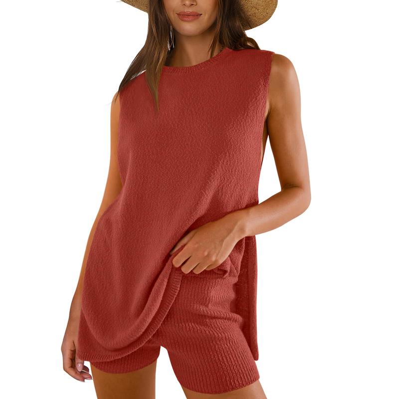 Women’s 2-Piece Summer Knit Sweater Set – Sleeveless Tunic Top & Matching Shorts, Casual Beach Lounge Outfit