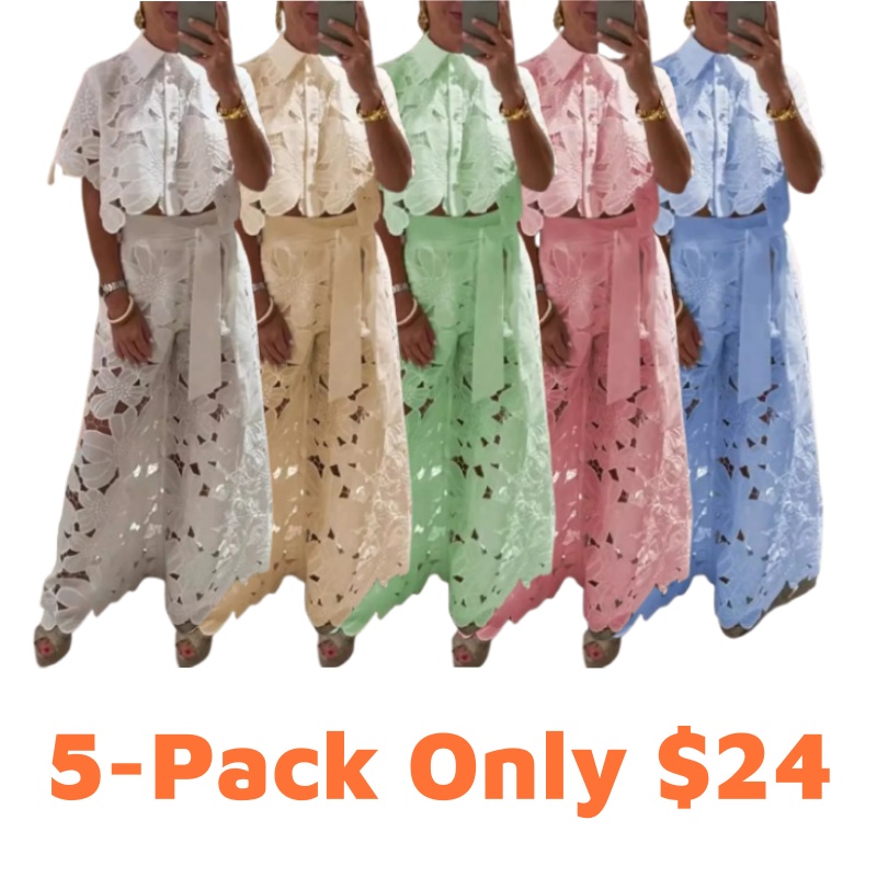 Women's 2026 New Retro Lace Outfit Set Short Sleeved Blouse Tops & Tie-up Pants Two-Piece Embroidery Hollow Temperament Suit for Casual & Special Occasions