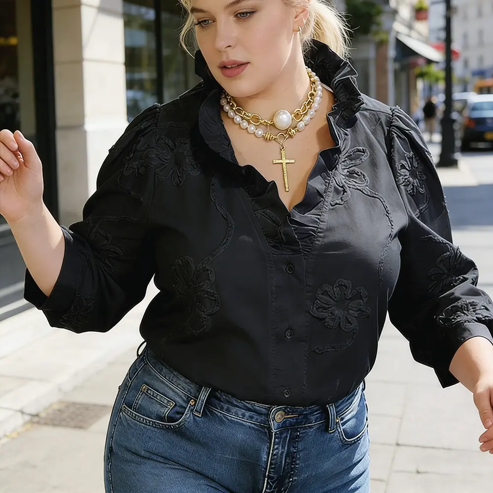 Cherrybetty 100%Cotton Elegant Embroidered Flower Ruffle Neck Puff Sleeve Cotton Top Women Casual Style Vintage Blouse Cute Fall Outfits for Womenswear