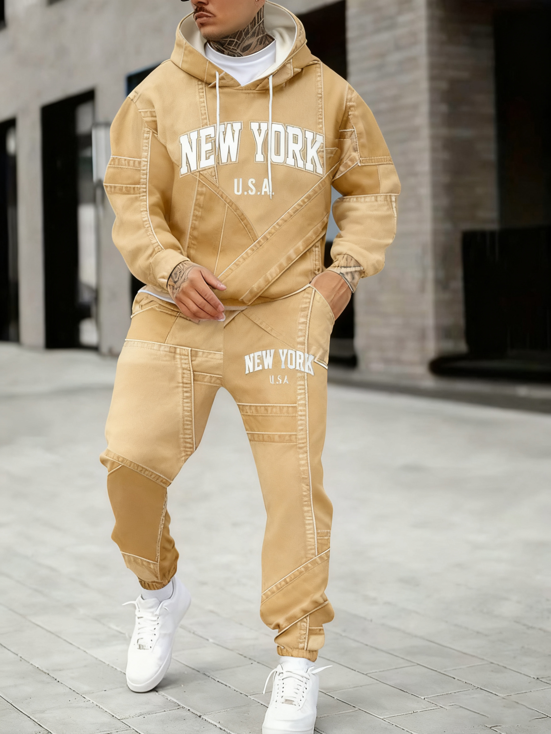 Men's Fall Winter Hooded Sweatshirt and Pants Set with 3D Denim Look