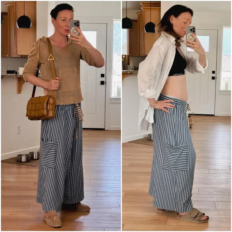 Women Drawstring Striped Pants Loose Wide Leg Lounge Pants Casual Palazzo Pants Trousers with Pockets Bottom Oversize