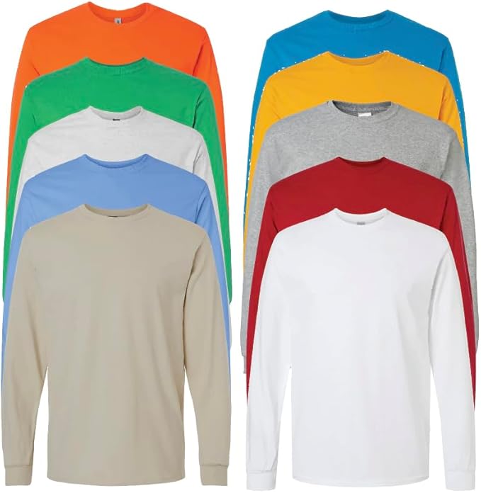 10 Pack: Men's 100% Cotton Crew Neck Long Sleeve Tee Casual Basic T-Shirt Sizes S-6XL Soft-Touch Fabric Ribbed Cuffs Tailored Fit PLUS SIZES