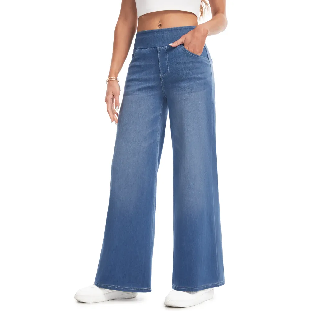 Women’s High Waisted Stretch Wide Leg Jeans – Pull On Tummy Control Elastic Waist Denim Pants with Pockets