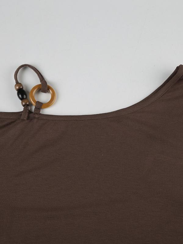 Women’s Retro Asymmetrical Beaded Shoulder Top – Slim Fit Flounce Sleeve Blouse