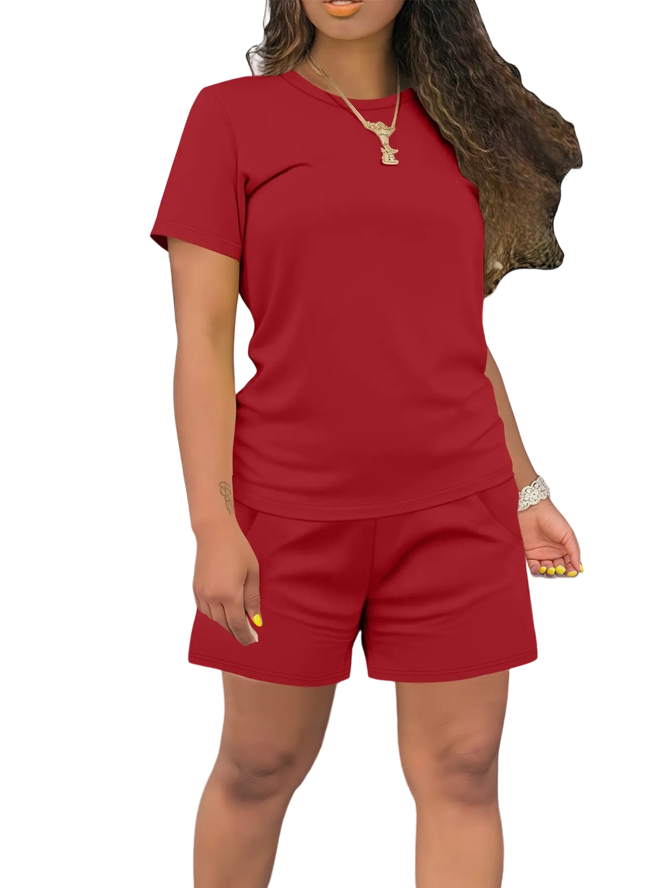 Women's Summer Casual Set, Regular Fit Short Sleeve Top & Shorts, Plain Color Women's, Comfortable Daily Wear Womenswear Fitted Outfit