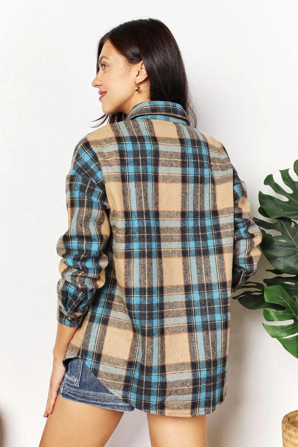 Double Take Plaid Curved Hem Shirt Jacket with Breast Pockets