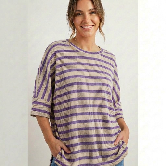 Women's Ribbed Striped 3/4 Sleeve Top – Easy Fit Everyday Essential