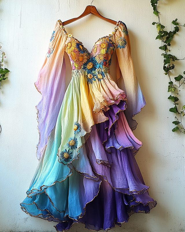 Gilded Ruffled Daisy Embroidery Gradient Irregular Dress 70fa