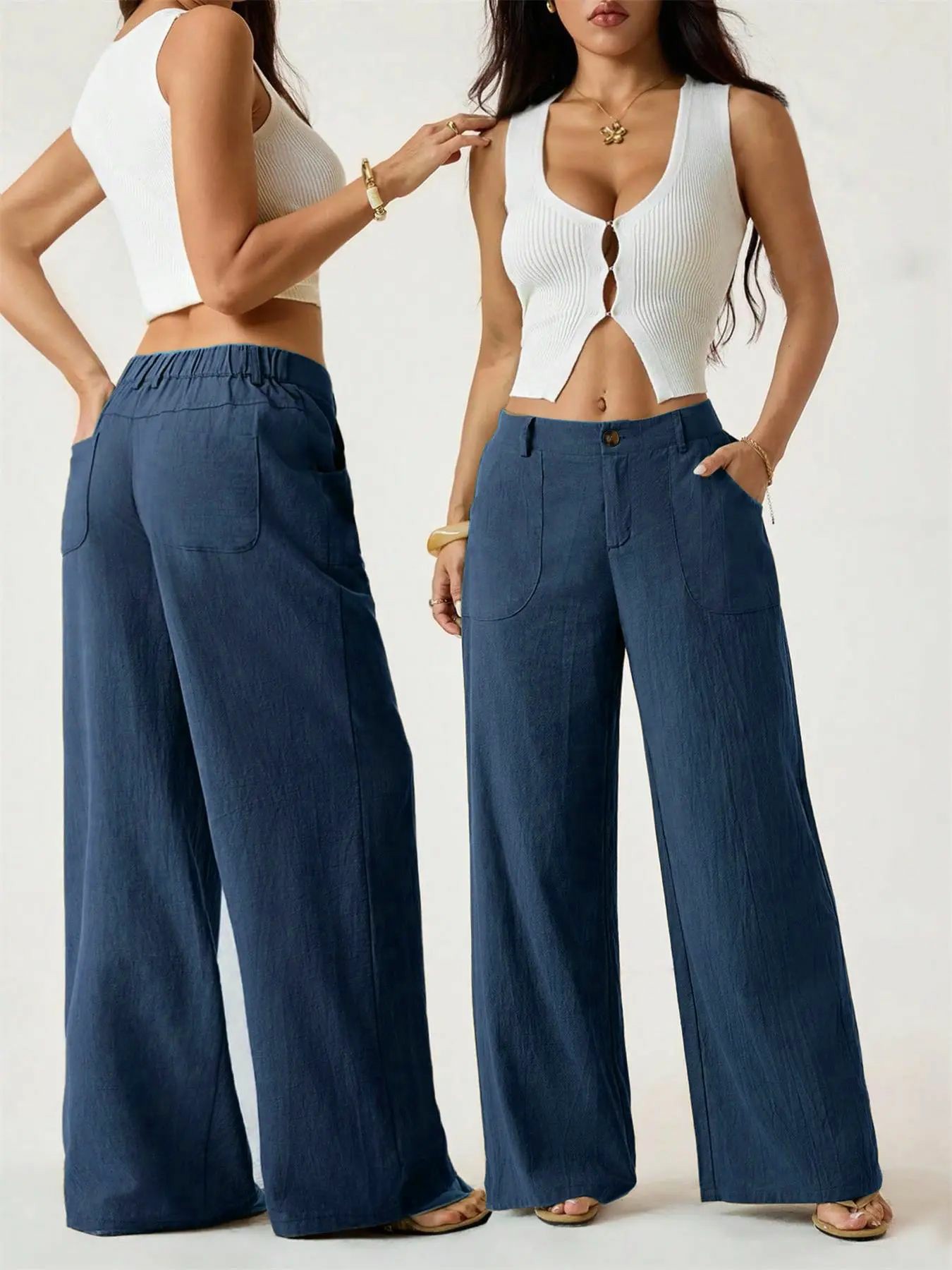 Women's Classical Linen Palazzo Pants Summer Flowy Wide Straight Leg Beach Trousers With Pocket