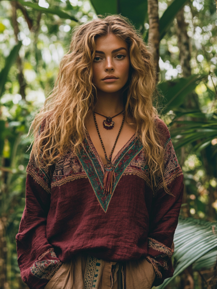 Retro Boho Tribal Embroidery Print Cotton And Linen Blend Loose Blouse bee7