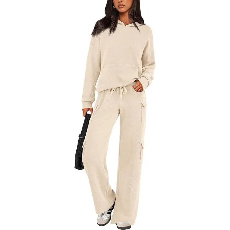 Women's Fall Knitted Hoodie Tracksuits Wide Leg Pants With Pocket Sets