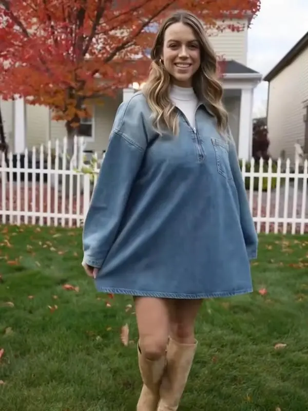 Women's Denim Dress Half-Zip Collared Vintage Washed Blue Loose Fit Long Sleeve