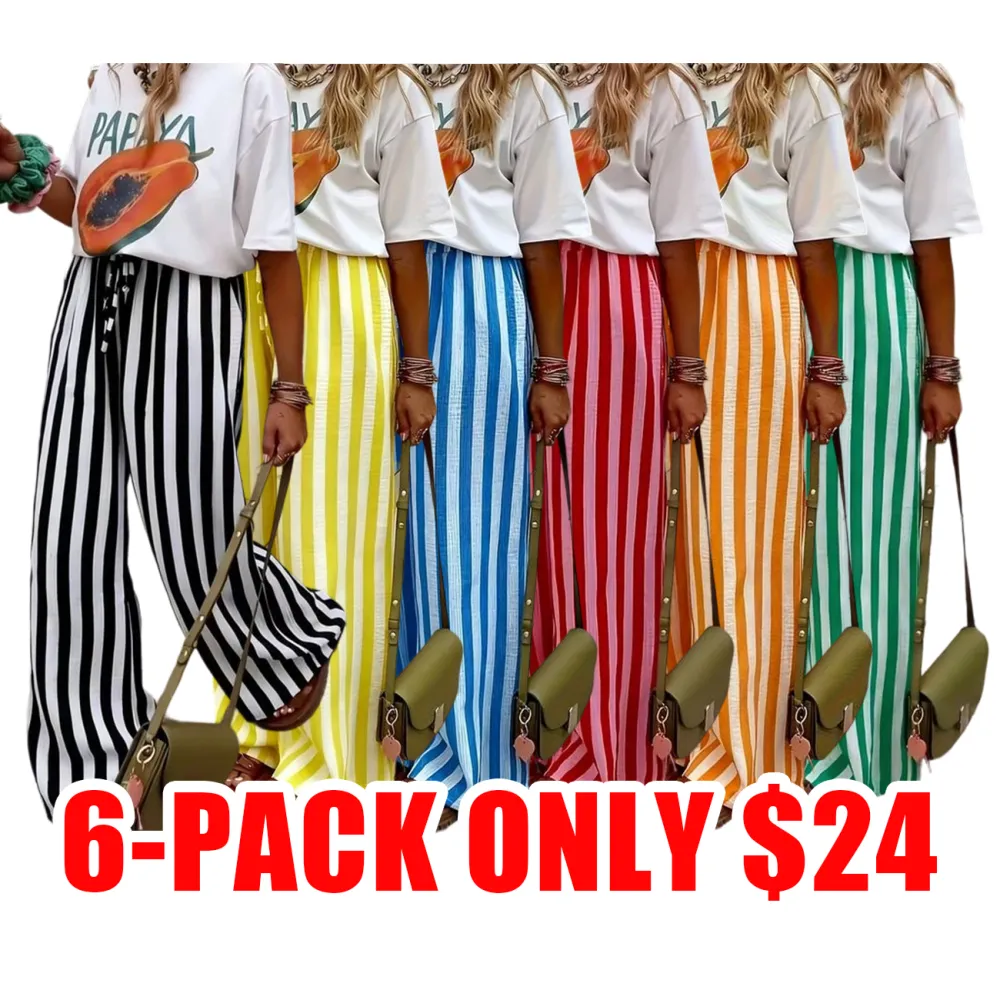 Women's Drawstring Wide-Leg Pants – Loose Fit Striped Casual Trousers