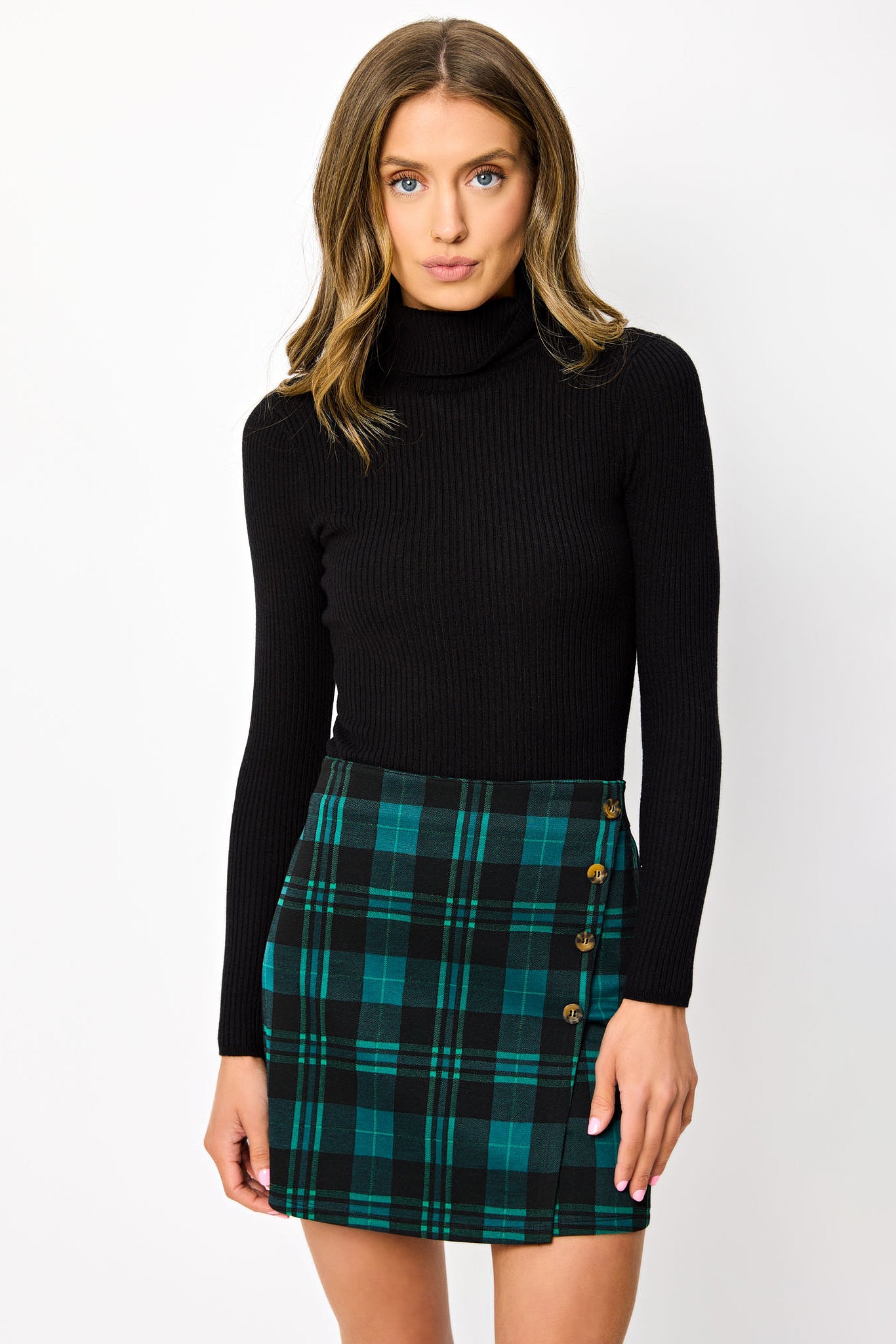 Everleigh Plaid Jacquard Wrap Skirt with Buttons