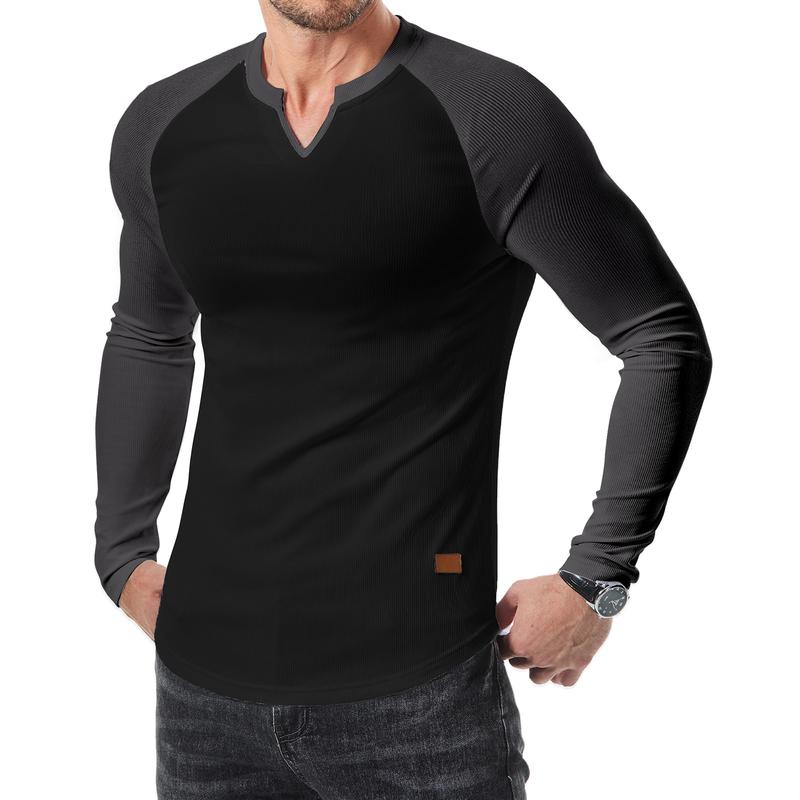 Mens Long Sleeve Muscle T Shirts Casual V-Neck Longline Ribbed Tee Shirts