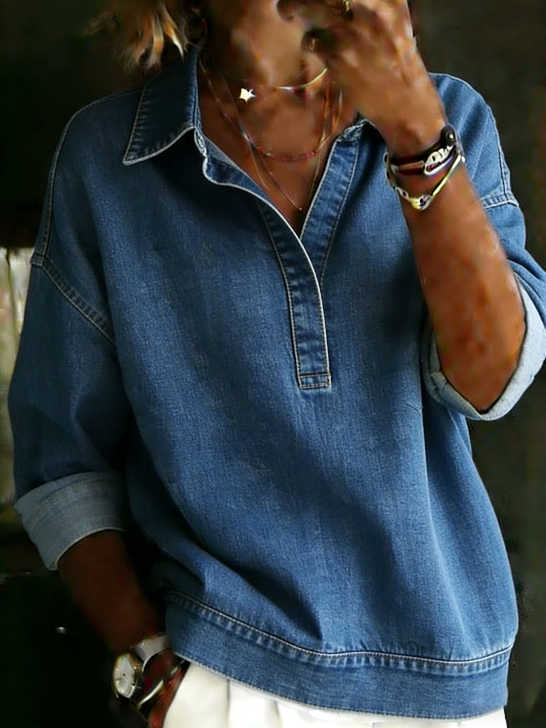 Women's Solid Color Casual Loose Denim Blouse Shirt