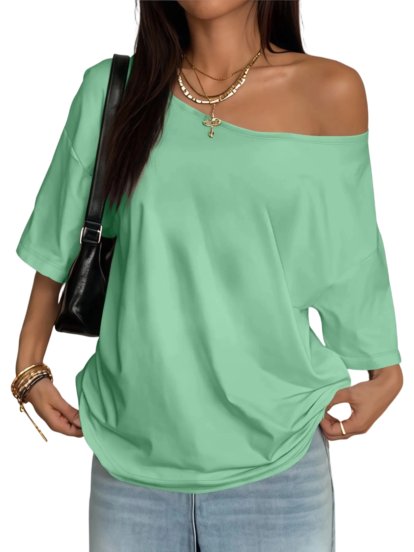 Plus Size Women's Asymmetrical Shoulder Top, Trendy Fashion Short Sleeve Blouse, Thin Lightweight Fitted Daily Wear for Plus Size Ladies