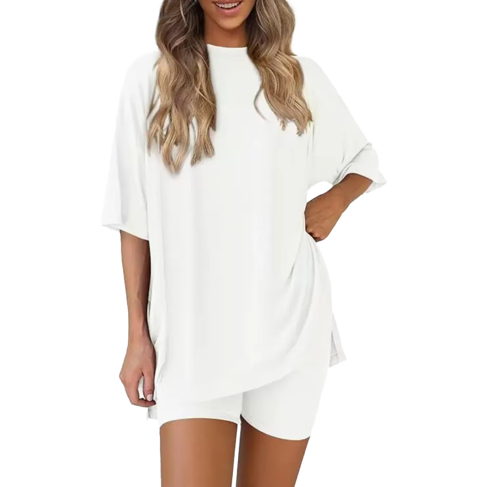 PrettyGarden Women's 2025 Summer 2-Piece Set – Oversized Shirt & Biker Shorts Lounge Outfit, Travel Ready with Split Hem Detail