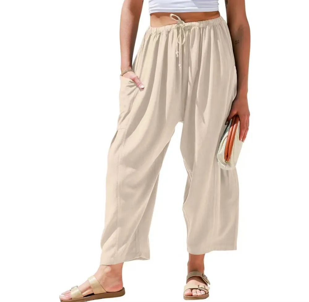 TARSE Women's Linen Wide Leg Pants – Casual Loose-Fit Palazzo Harem Pants with Pockets for Summer Beach Outfits