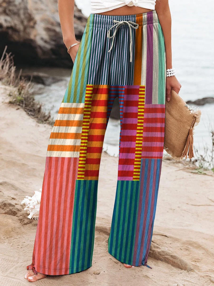 Women’s Colorful Patchwork Striped Cotton Linen 3/4 Sleeve Shirt