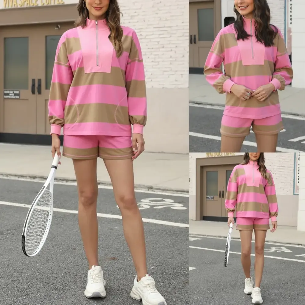 Women's Lounge Set 2 Piece Striped Long Sleeve Quarter Zip & Short Sleeve T Shirt