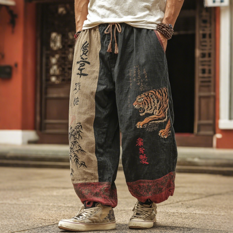 Men's Japanese Tiger Art Contrast Color Linen Pants