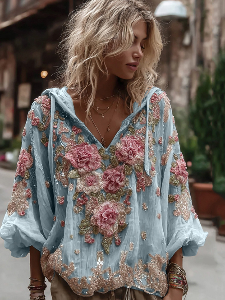 Women's Vintage Floral Embroidery Warm V-neck Hoodie