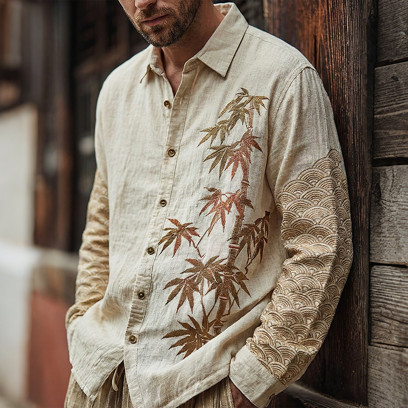 Men's Japanese Bamboo Art Print Long Sleeve Shirt