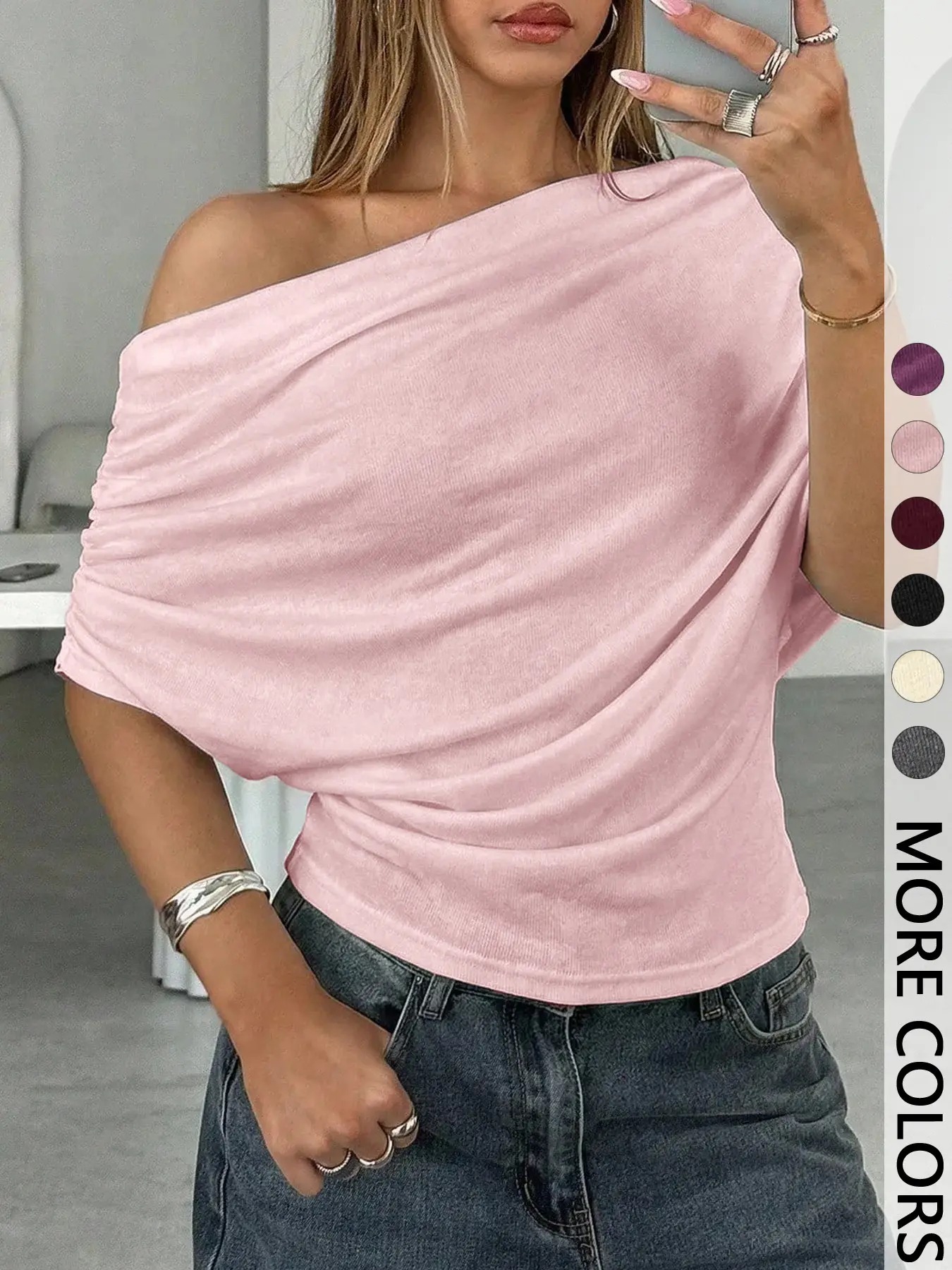 Women's Plain Asymmetrical Shoulder Batwing Sleeve Knit T-Shirt🌙