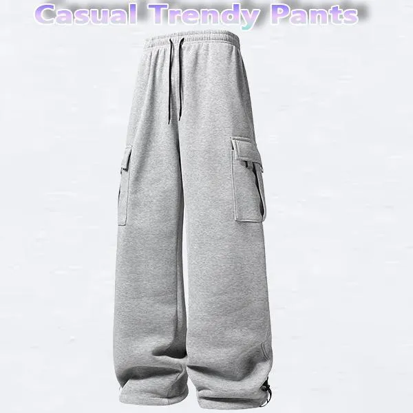 Unisex Casual Loose Waist Straight Pants with Drawstring & Pockets