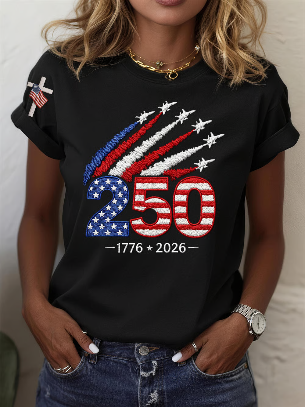 Women’s USA 250th Anniversary Embroidered Print Crew Neck Short Sleeve T-Shirt