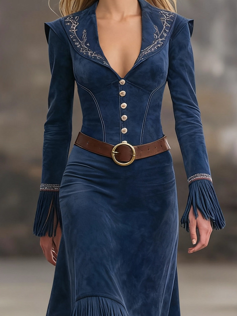 Retro Embroidered Dark Blue Faux Suede Tassel Maxi Dress(Includes belt)