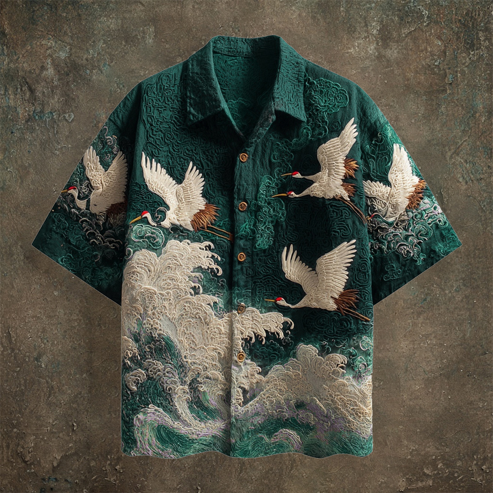 Japanese Wave & Crane Men's Casual Linen Short Sleeve Shirt