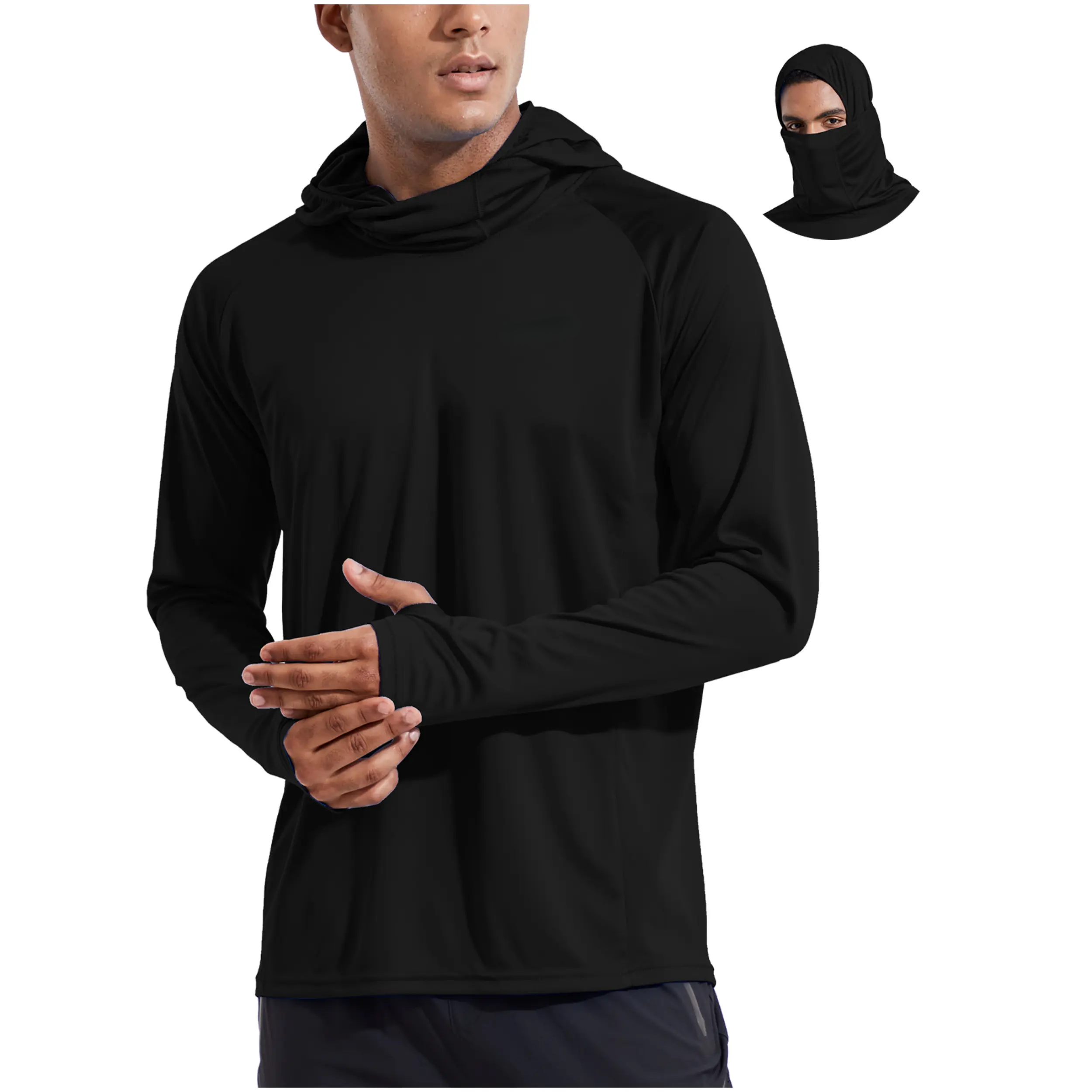 Men Sun Protection Hoodie Face Mask UPF50+ Long Sleeve Thumbholes UV SPF Shirt