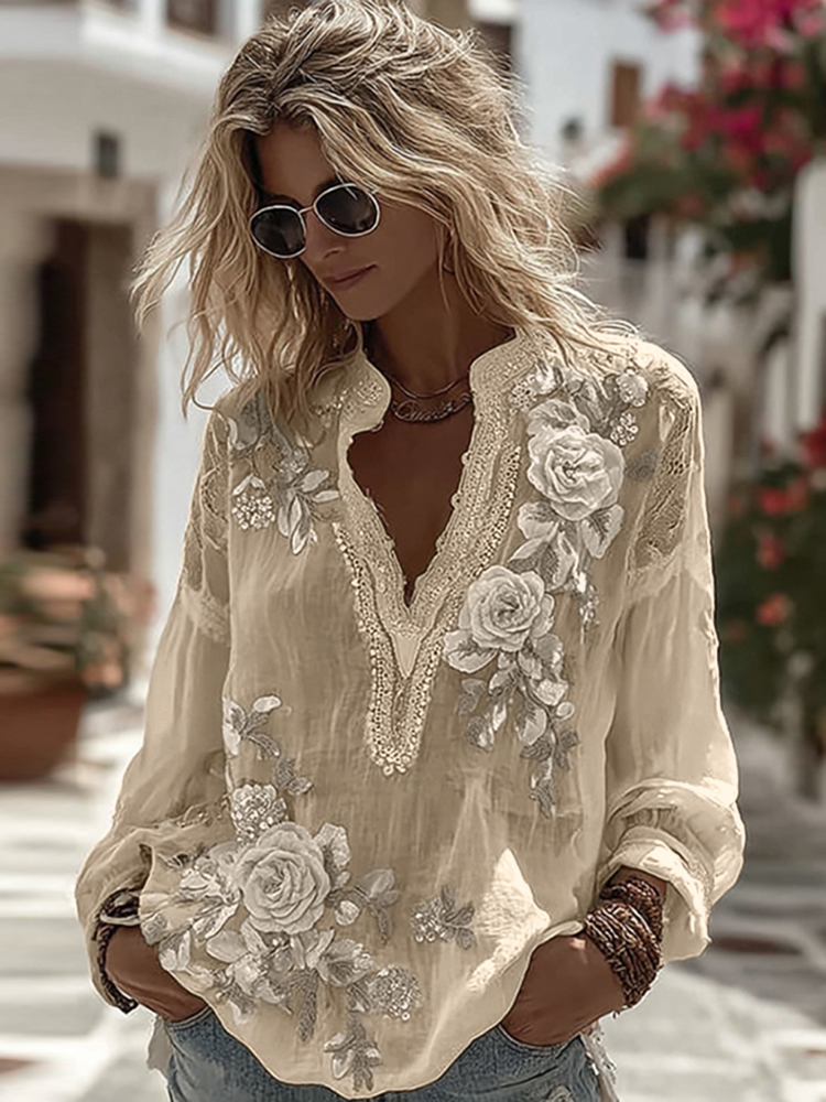 Women's Vintage Floral Embroidery Art Comfy Linen Shirts
